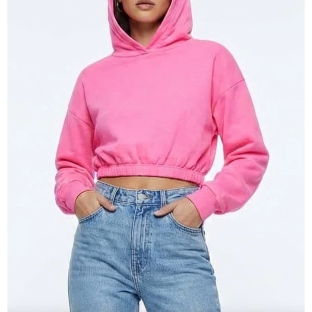 NEW Naked Wardrobe Hot Pink Cropped Hoodie Sweatshirt Cotton Blend Medium